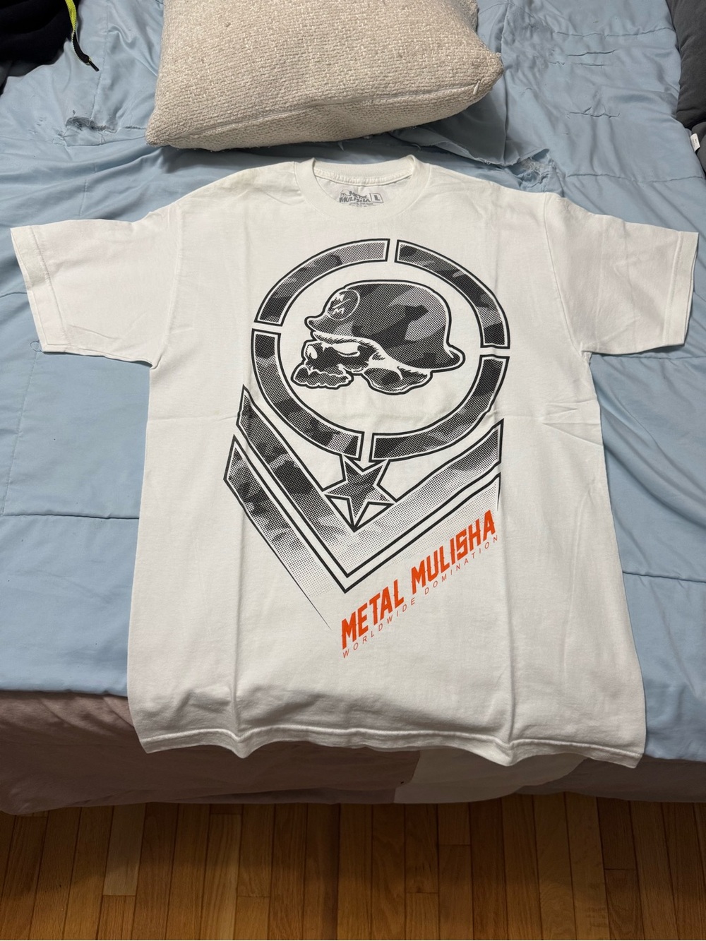 Metal Mulisha White Tee with Black Camo Skull and Orange Logo